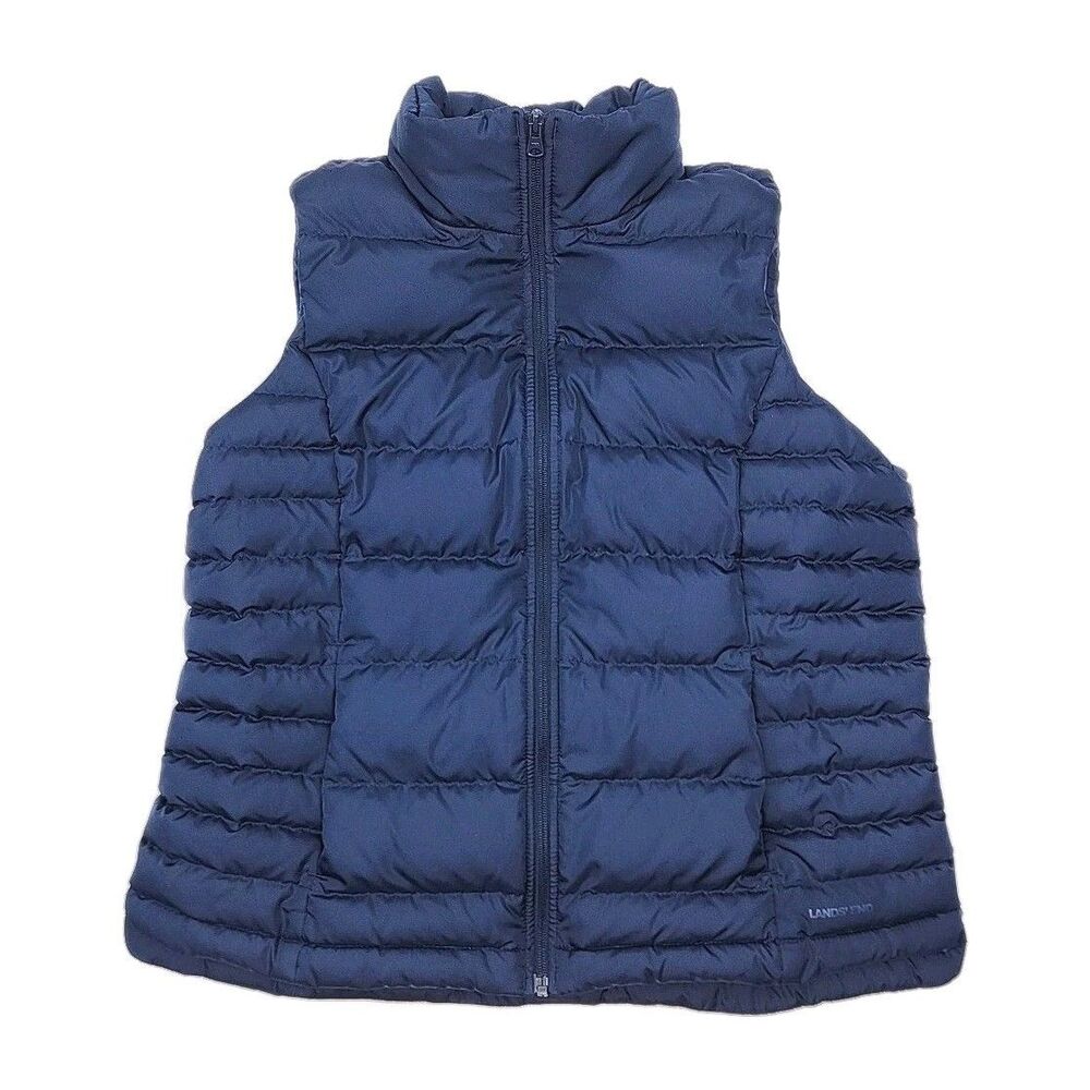 Lands End Puffer Vest Down Navy Blue Size Large 14-16 Zip Pockets Women Quilted